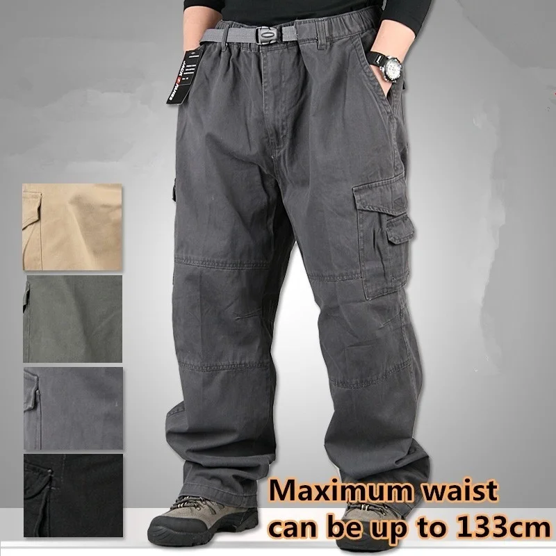 

Plus Size Mens Loose Straight Cargo Pants Male Spring Autumn Outdoor Riding Hiking Fishing Multi Pocket Sports Military Trousers