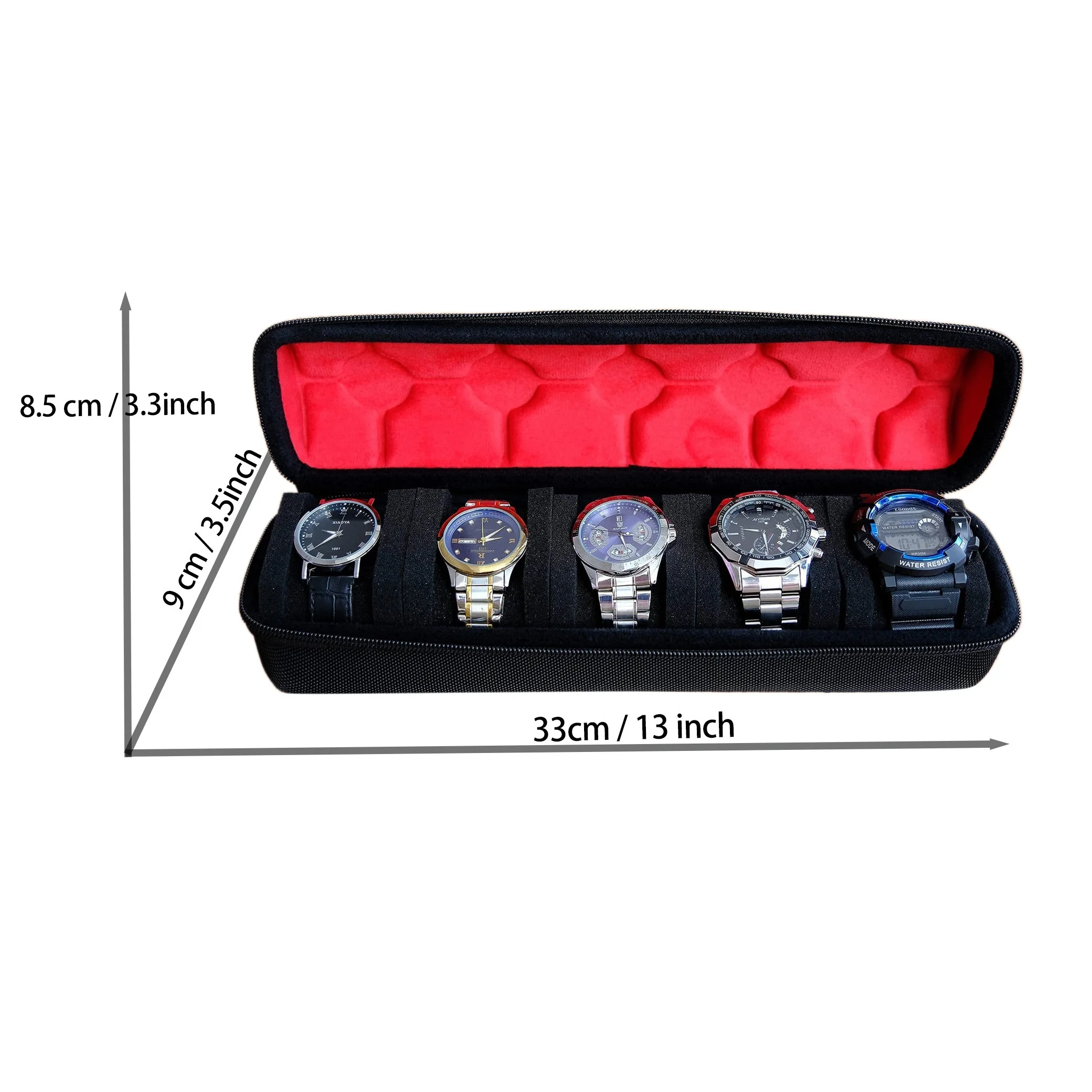 Hard 5 Slots Watch Organizer Box with Soft Separation pillow,fit men's women's casual/sports/diving/dress/with luxury red lining image 2