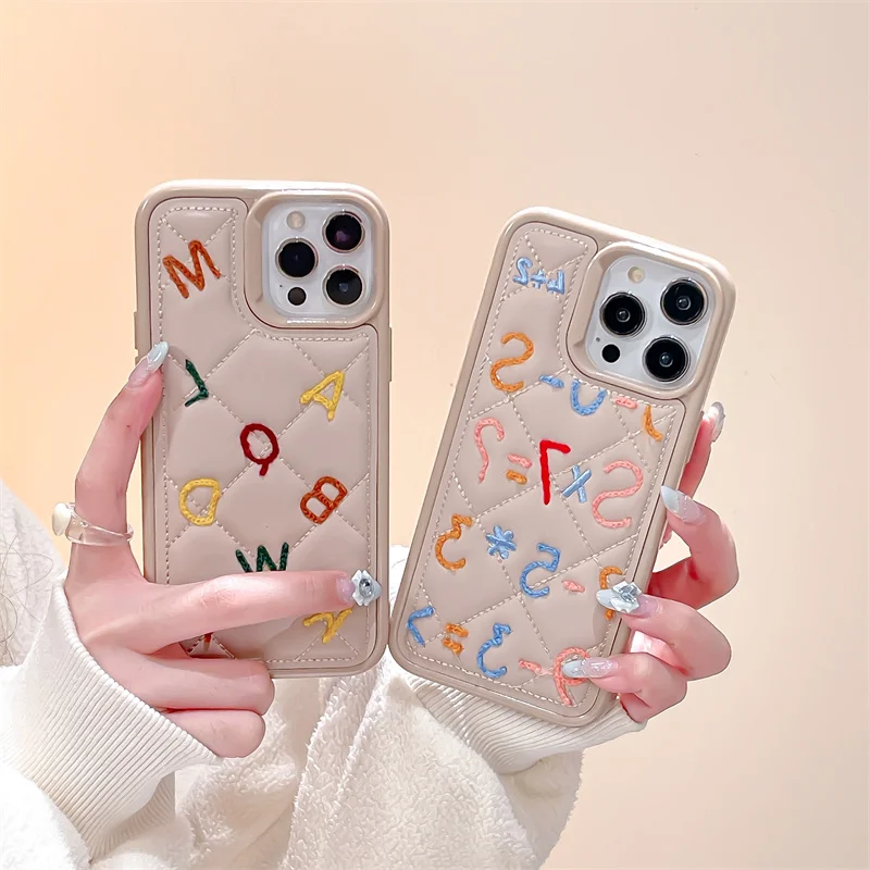 Fashion Embroidery Letter Number Phone Case For iPhone 15 Pro 11 12 13 14 Pro Max Cover Winter Puffer Down Jacket Cases Women