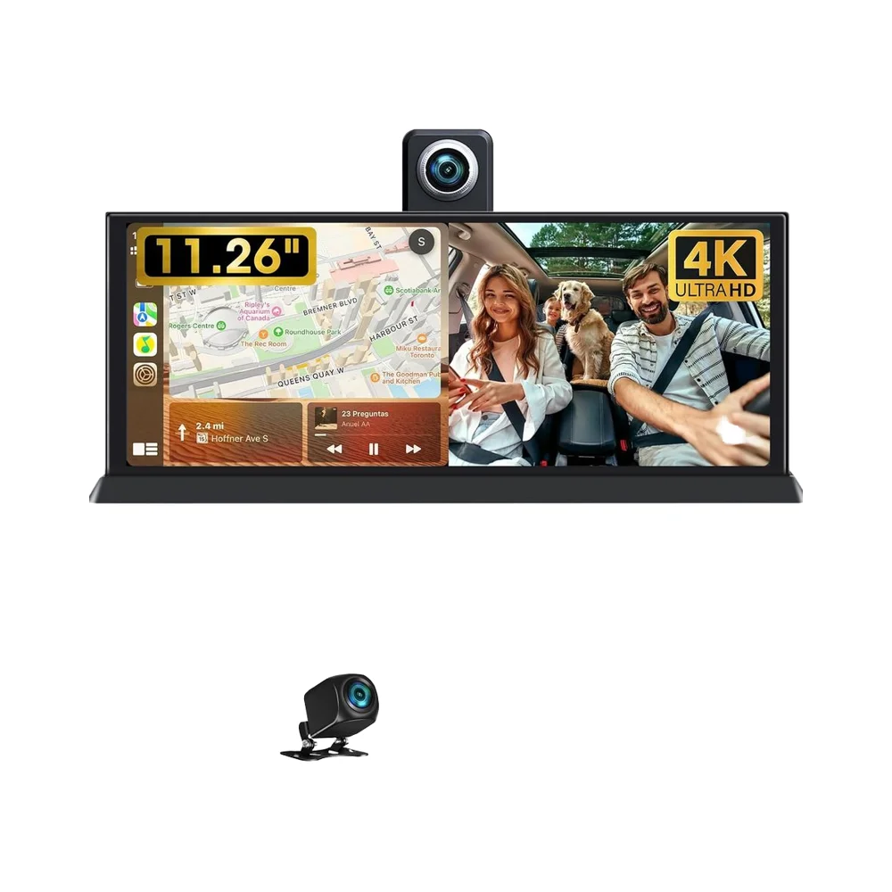 Dash Cam doppia fotocamera 4K da 11,26 pollici Navigazione GPS in tempo reale Controllo vocale Compatibilità wireless CarPlay Android Auto per