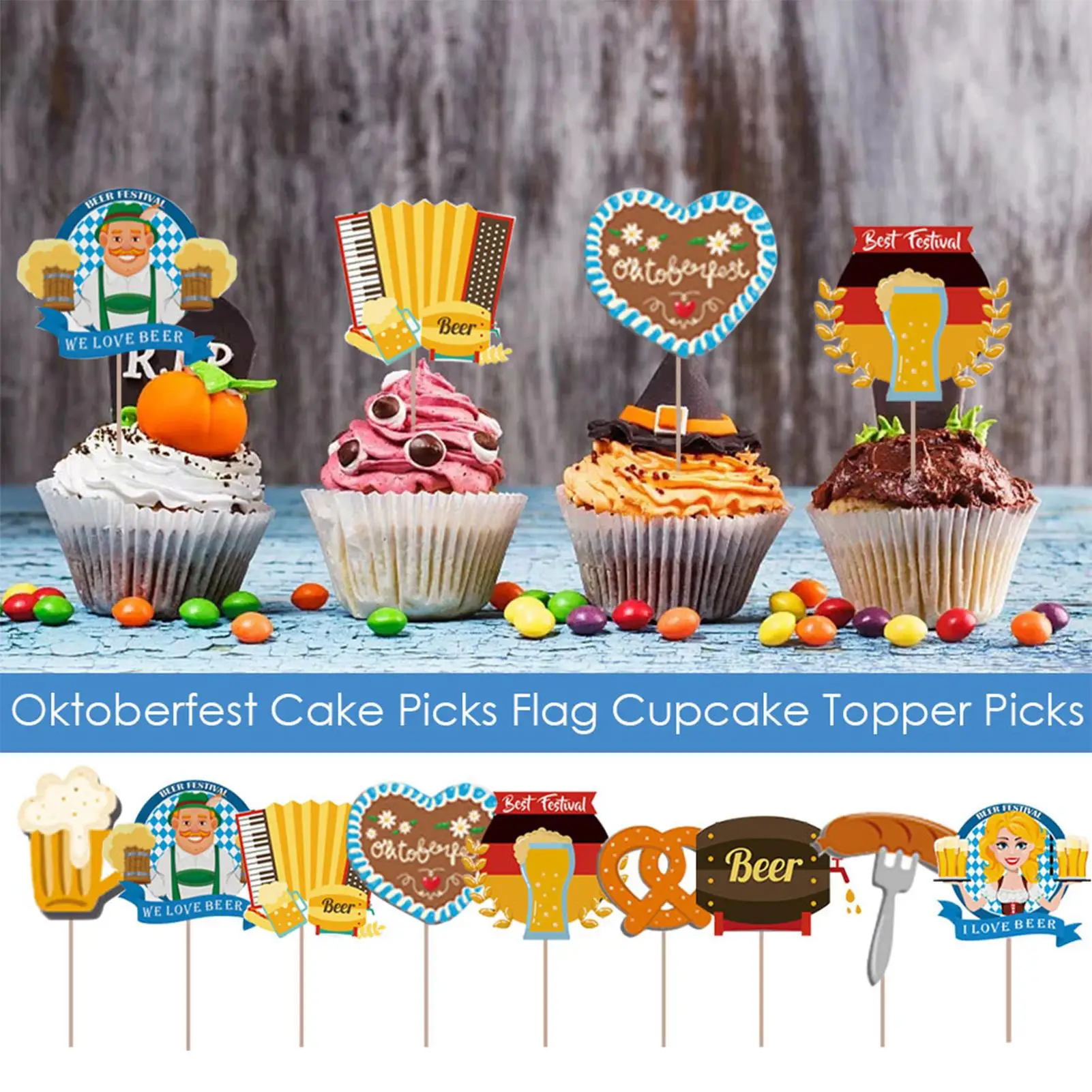 

Oktoberfest Cupcake Toppers | 9pcs Beer Day German Festival Cake Picks | Oktoberfest Cupcake Toppers