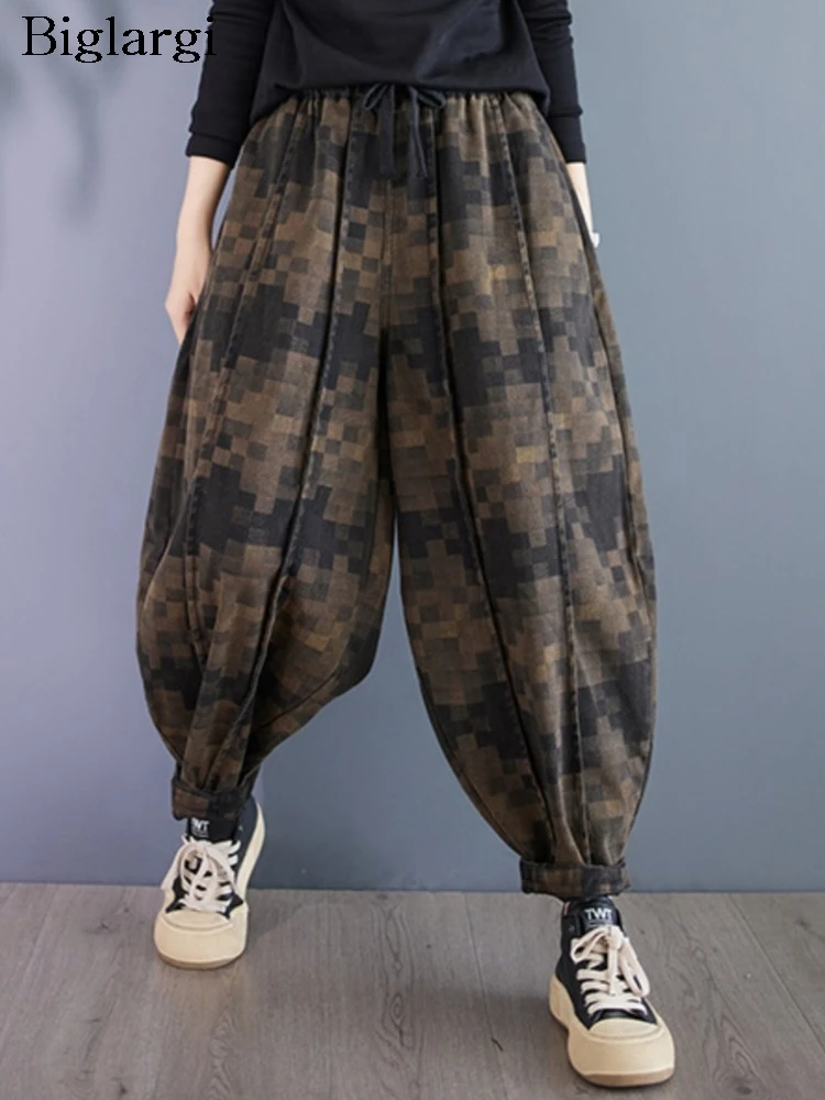 

Oversized Jeans Autumn Pant Women Irregular Plaid Print Modis Ladies Trousers Loose Pleated Elastic High Waist Woman Harem Pants