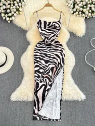 Foamlina Women Summer Sexy Zebra Stripes Leopard Print Long Dress Spaghetti Strap Sleeveless Backless Split Party Maxi Dresses