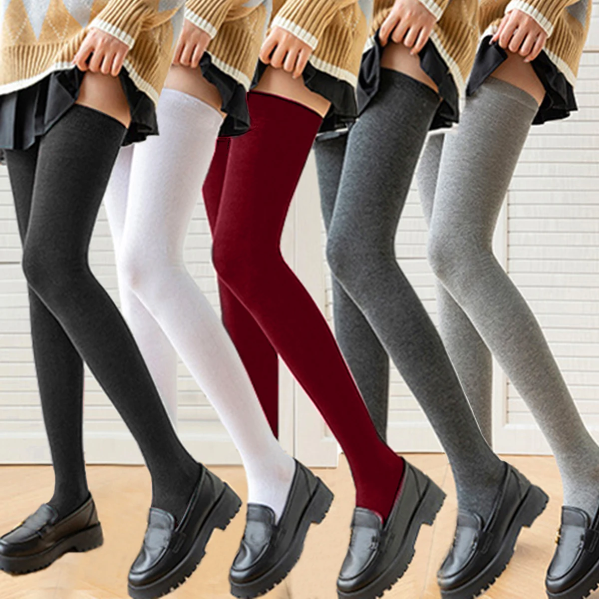 Sexy schwarz-weiße einfarbige lange Strümpfe für Damen, Overknee-Strümpfe, Lolita-Damenstrümpfe, warme Kniestrümpfe