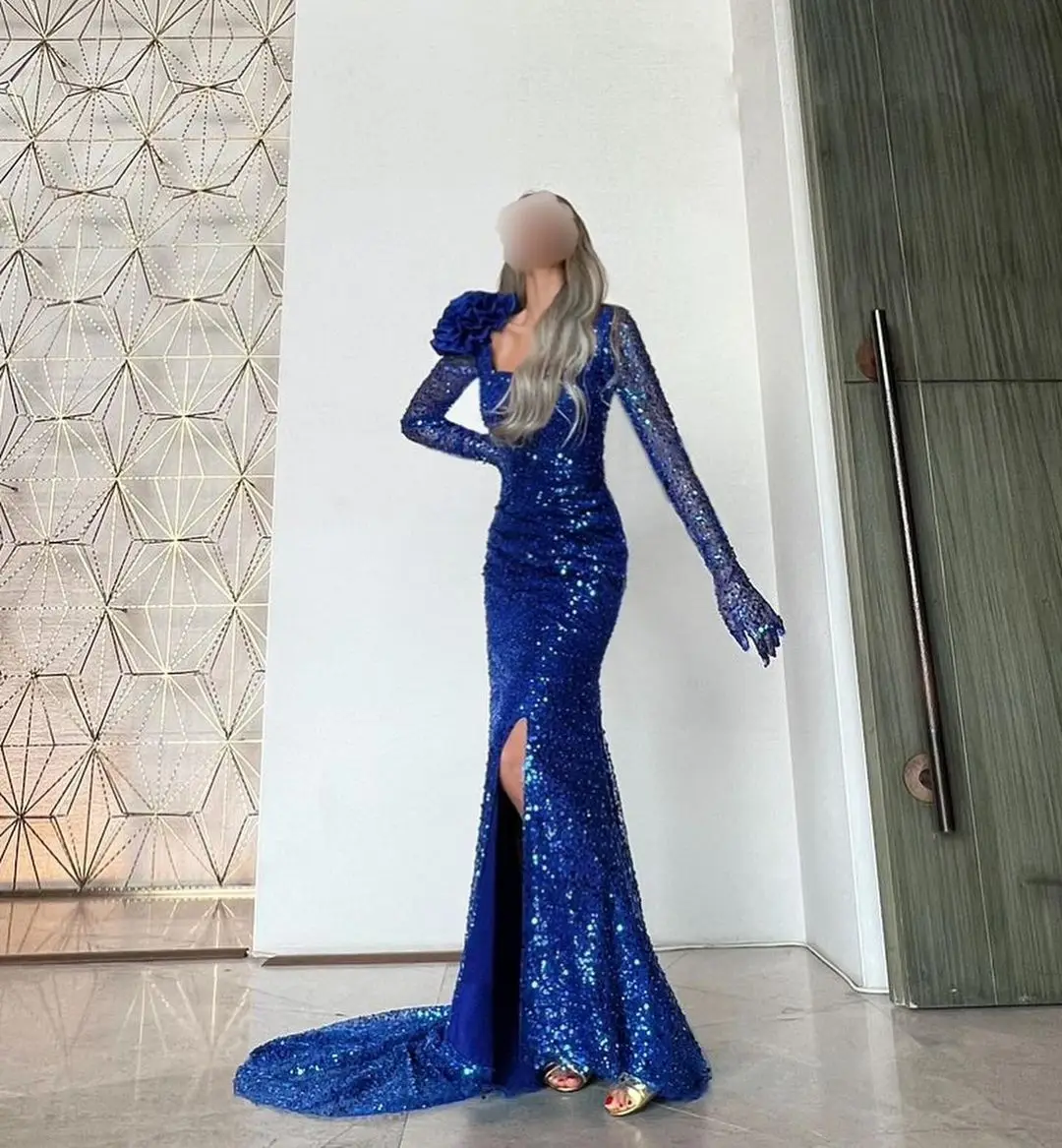 

Blue Sparkly Sequins Evening Dresses Customized Floor-length Long Sleeves Flower Prom Dresses Formal Occasion Wedding Party Gown