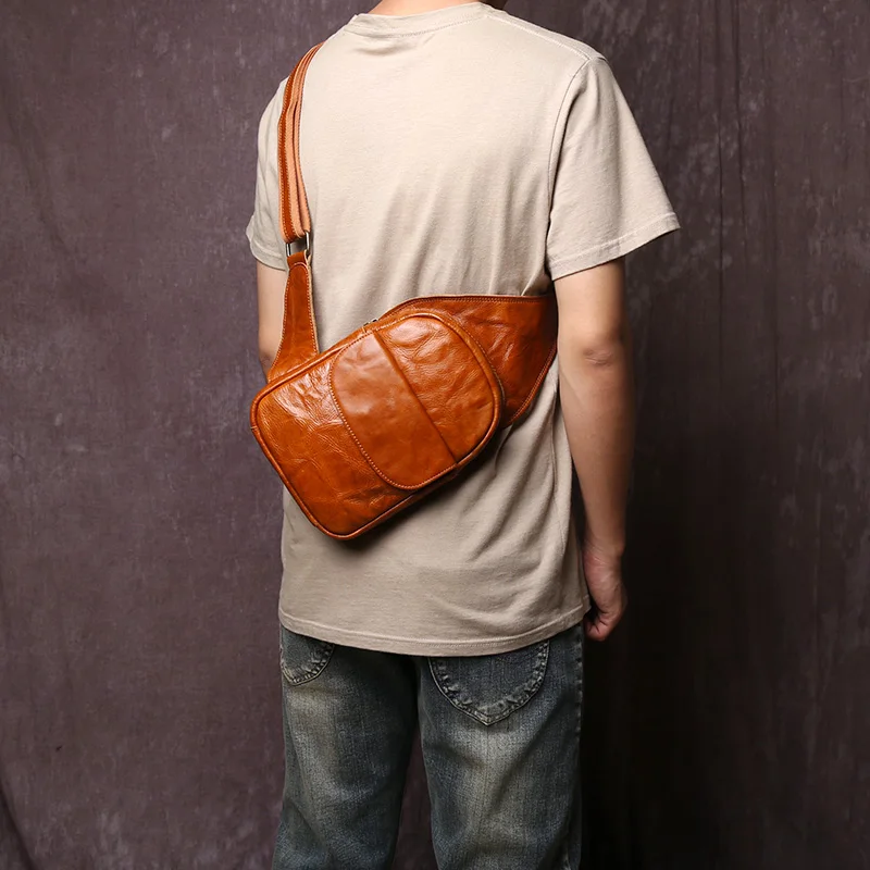 Bolso de pecho de piel de vaca para hombre, bolsa cruzada de cuero genuino, diseño Retro de agarre de mano, curtido vegetal, capa superior, Simple y a la moda