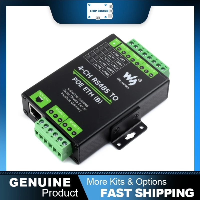 Waveshare 4-Channel RS485 to RJ45 Ethernet Serial Server, Industrial Isolated, DIN-Rail Mount