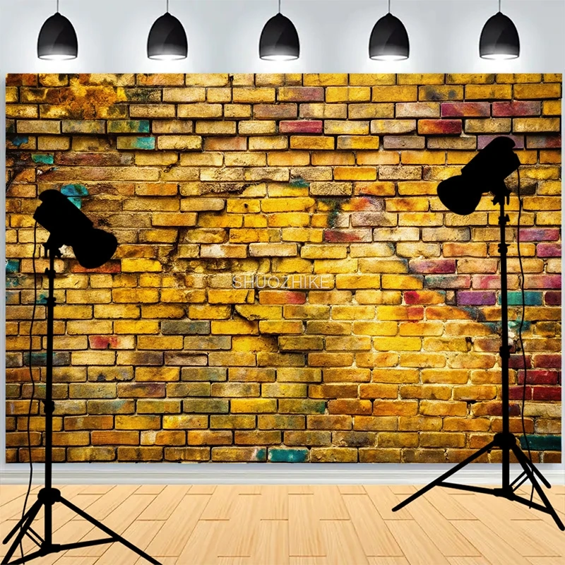 

Graffitistyle Rainbow Painted Brick Wall Background Damaged Rustic Texture Vibrant Grunge Photography Backdrops BK-10