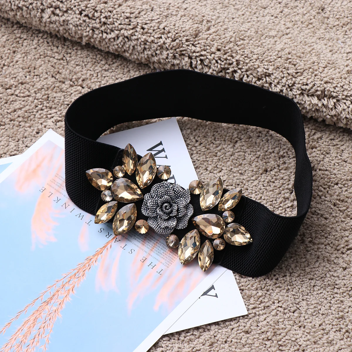 

Flowers Imitation Crystal Rose Waist Seal Women's Floral Belts for Dress Tan Elastic