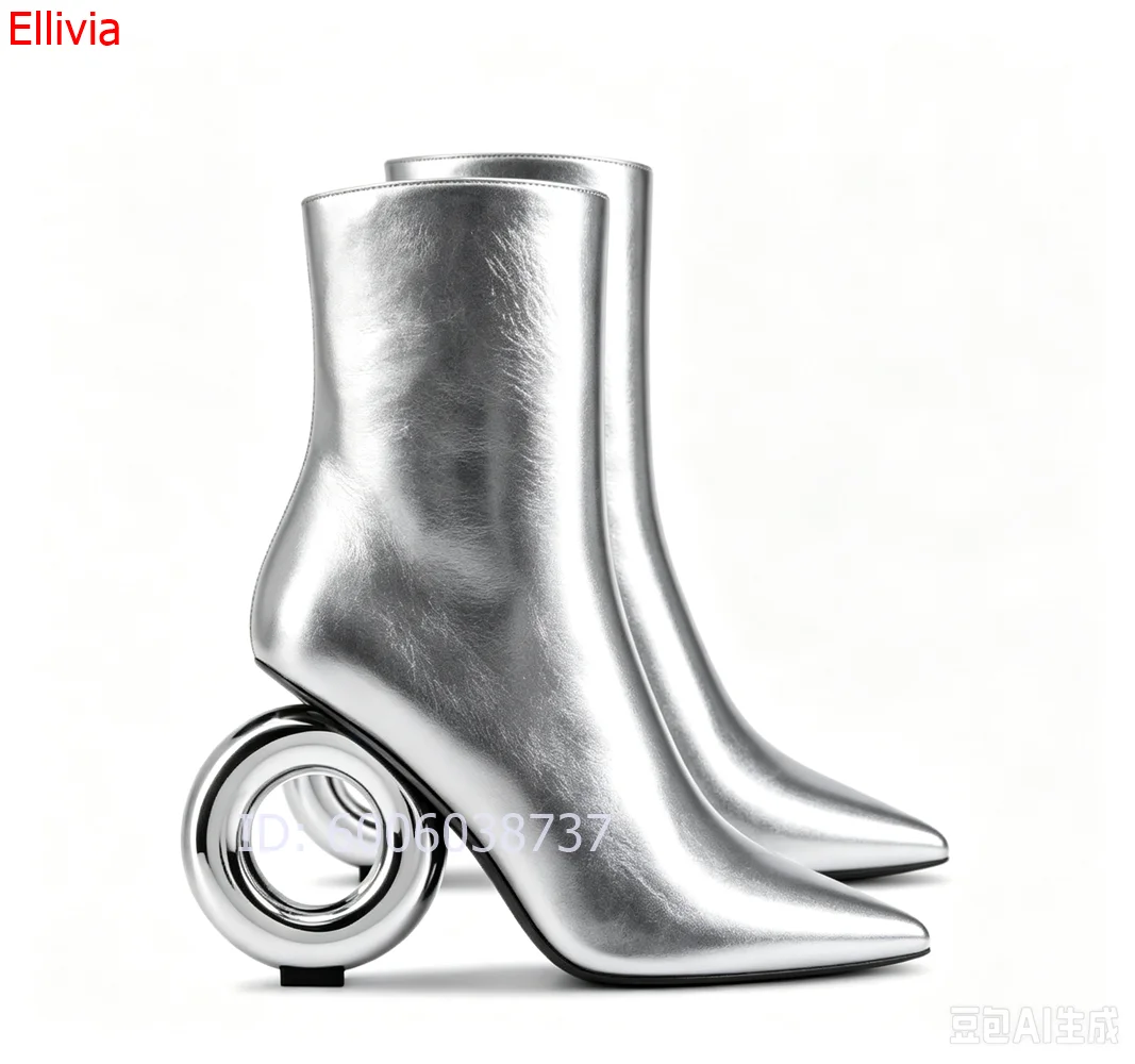 Women Mid Calf Boots Pointed Toe Unique Hollow Metal Ring Heel Leather Fashion Runway Statement Party Dress Boots Botas Mujer
