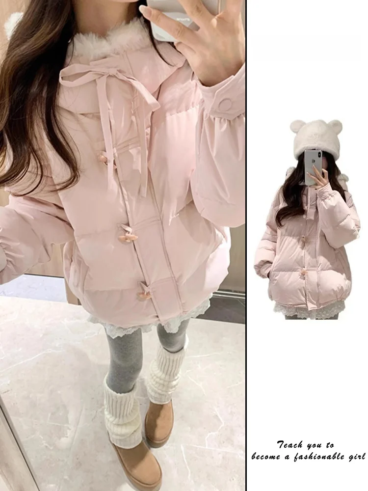 

Sweet Sle Pink Cotton Jaet with Fur Collar Women's Winter New Loose Small Size Thiened Hooded Cotton Clothes Button