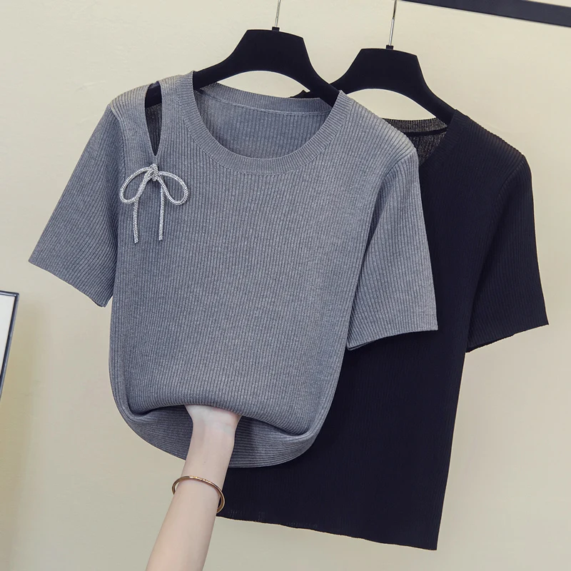 

L-4XL Loose Knitting Women T Shirt Hole Lace Up Sexy Female Tops Short Sleeve O-neck Summer Tees 2022 New Casual tshirts