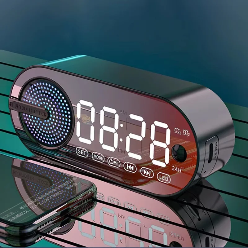 USB Charging FM Radio Alarm Clock Wireless Bluetooth Speaker Large Display Mute Mirror Digital For Bedroom Room Office Music Box