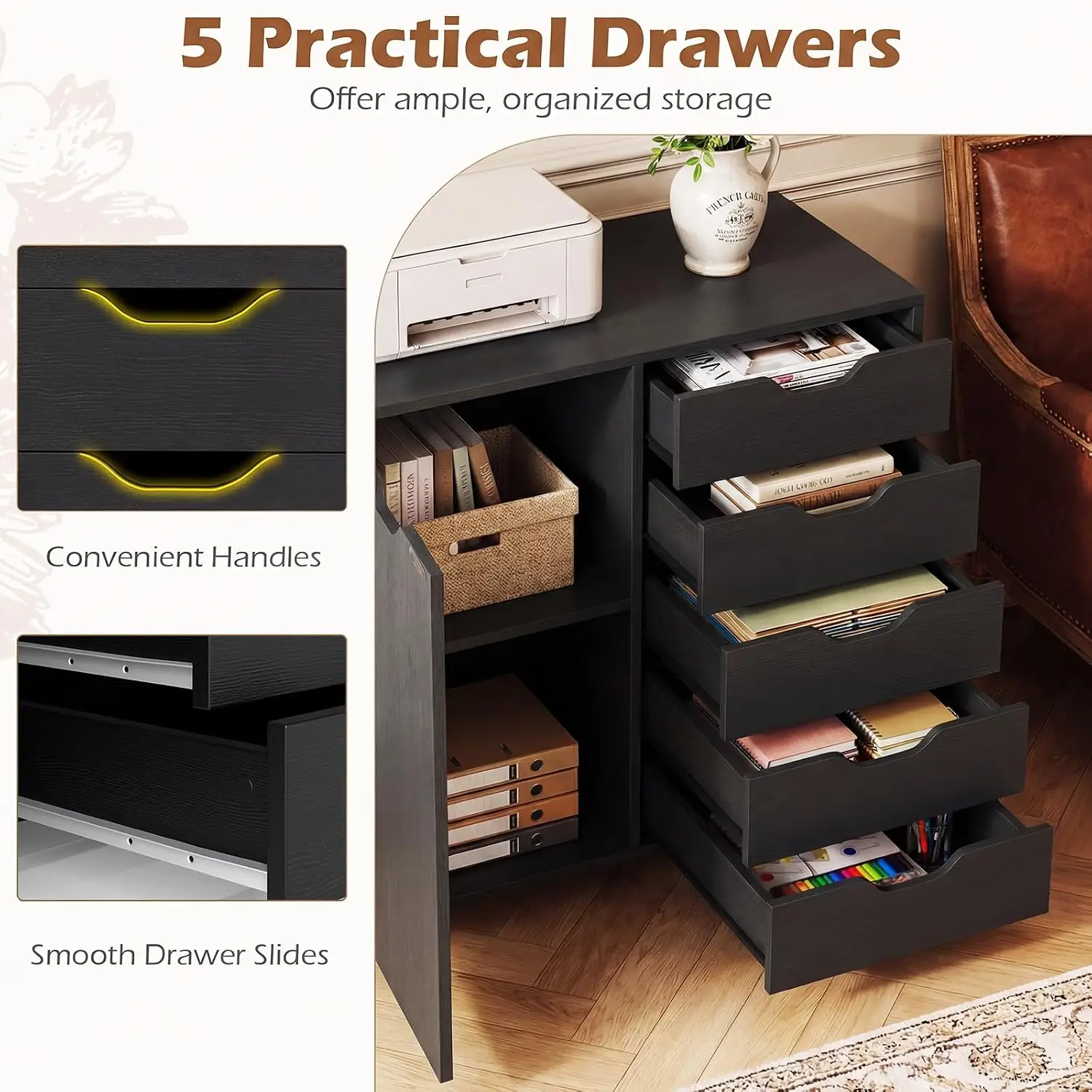 Rolling 5-Drawer File Cabinet with Lockable Wheels, Home Office Storage, Black, Customized