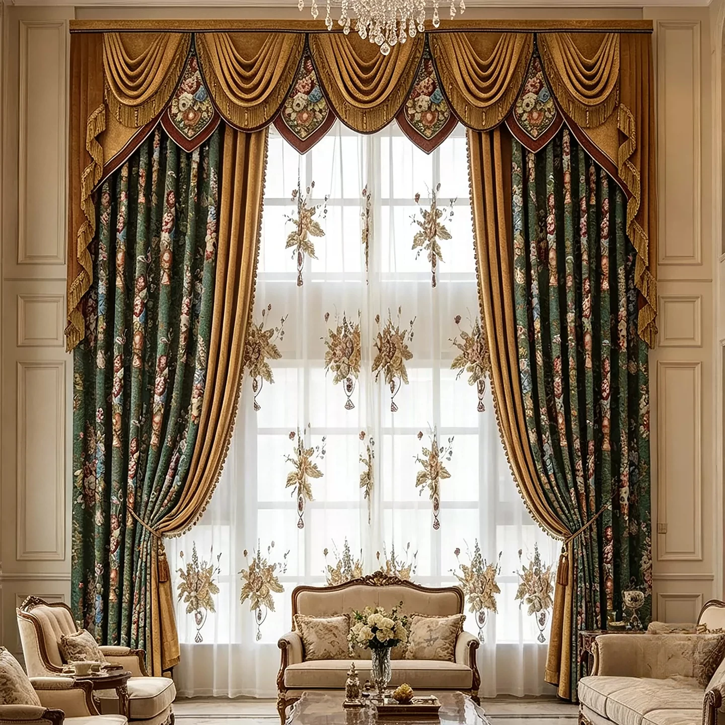 European Chenier Green Jacquard Gold Splicing Chenier Curtains for Living Room Bedroom Partition Curtain Customization Valance