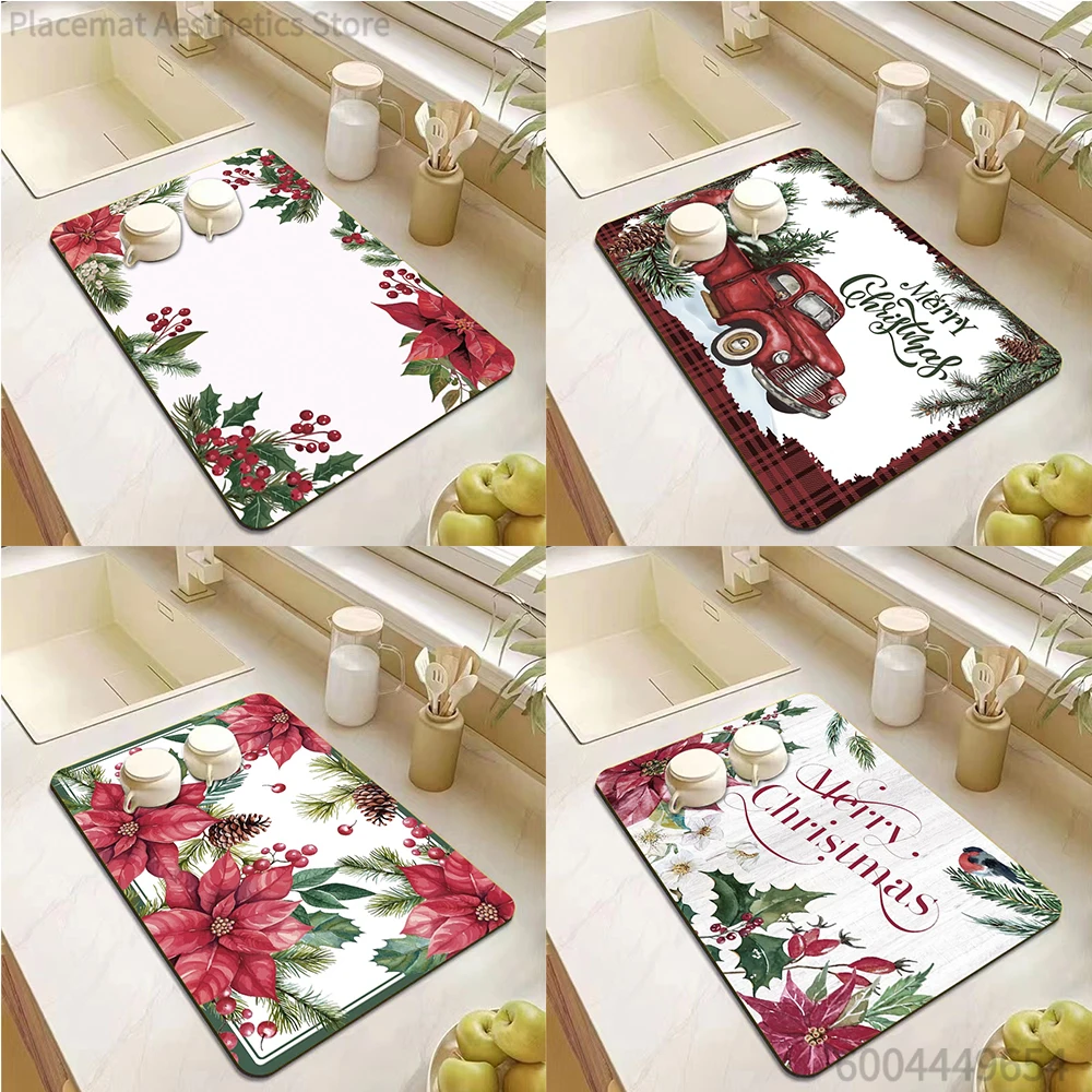 Christmas Flowers Print  Dish Drying Mat Super Absorbent Dish Mat Drying Kitchen Mat with Floral Hide Stain Draining Mat