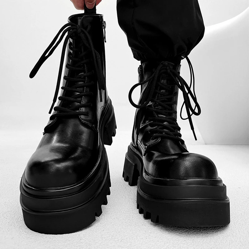 mens fashion stage nightclub high motorcycle boots lace-up natural leather shoes cowboy high platform boot designer long botas