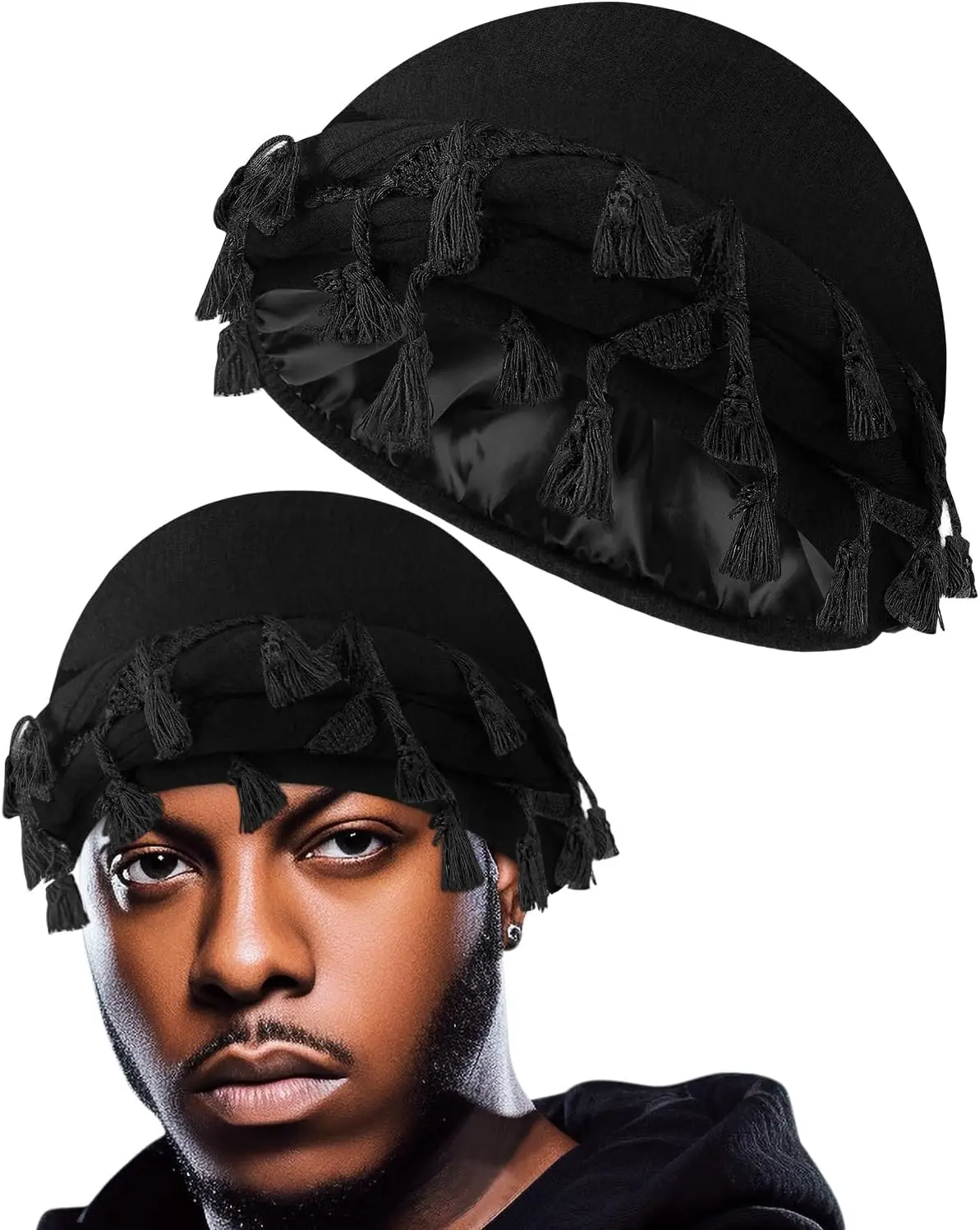Hot deal: BEACE Tassels Silk Satin Lined Pre-Tied Turban Durag Head Wrap for Men & Women, Halo Turban Skull Cap Bonnet for Sleeping