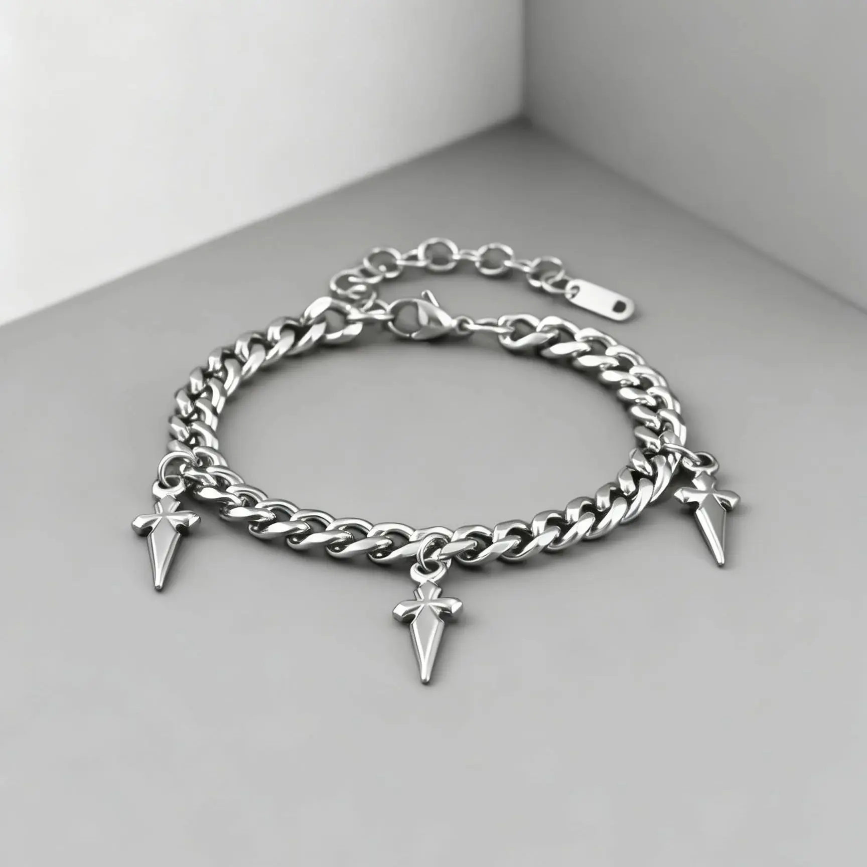 Cross Pendant Cuban Chain Bracelet for Men Women, Stainless Steel Silver Heavy Link, Christian Punk Jewelry Gift