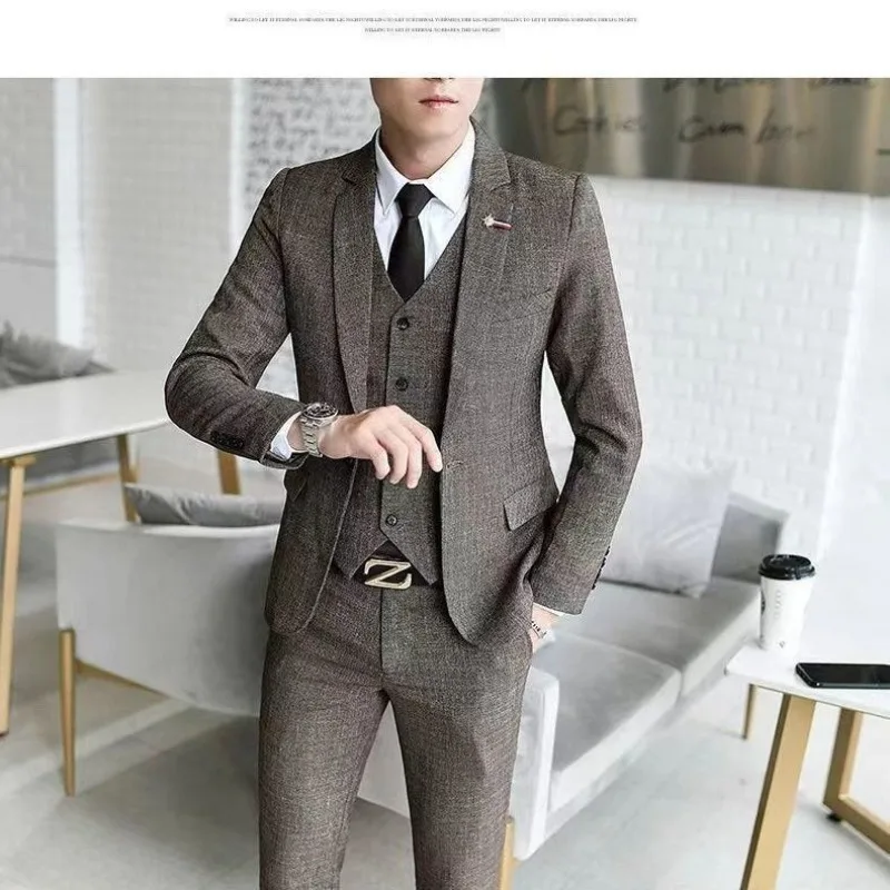 Men's Three-piece Suit, Korean Style Slim Fit New Business Casual Groom's Groomsmen Suit