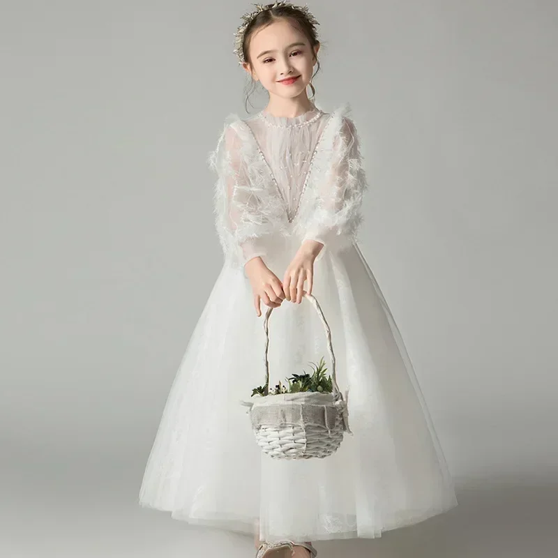 Children's dress, princess dress, flower girl white fluffy gauze, long sleeved dinner party girl's birthday, dignified walking