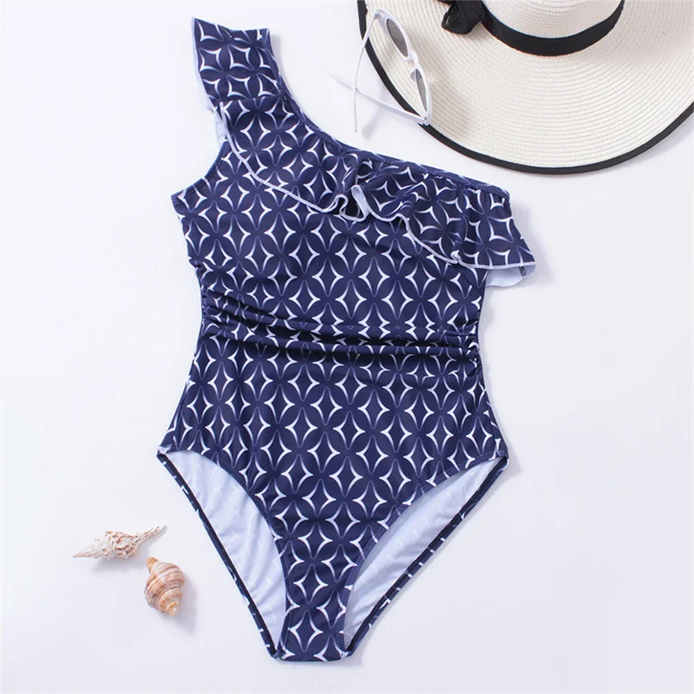 

Vintage Print Bikinis Set Ruffles Swimsuit One-shoulder Vacation Swimwear Elegant Women Monokini Y2K Beach Bathing Suits Biquini