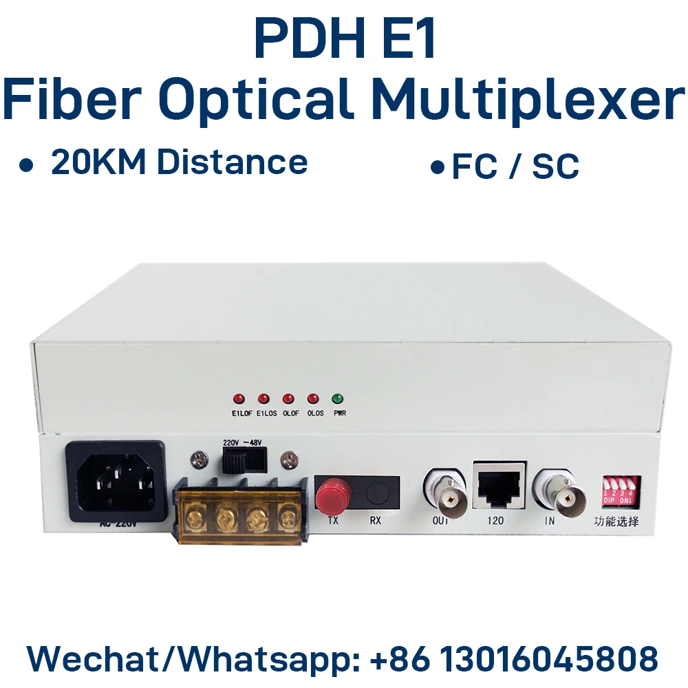 1E1 Fiber Optical Multiplexer PDH Optical Terminal E1 Over Fiber FC SC BNC RJ45 75Ω 120Ω DIP Switch Loopback