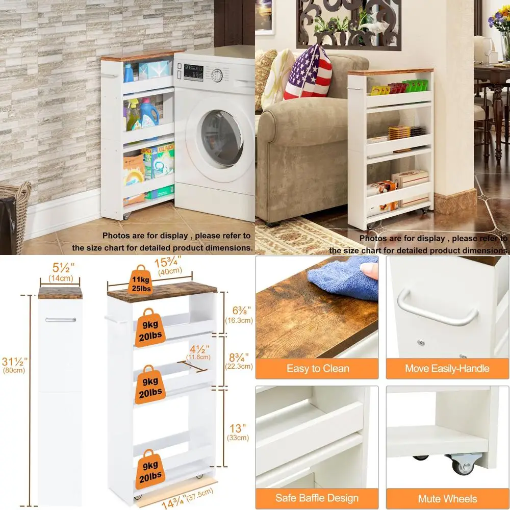 

4-уровневая белая тонкая тележка на колесиках с ручкой для кухни и стирки, компактная тележка-органайзер