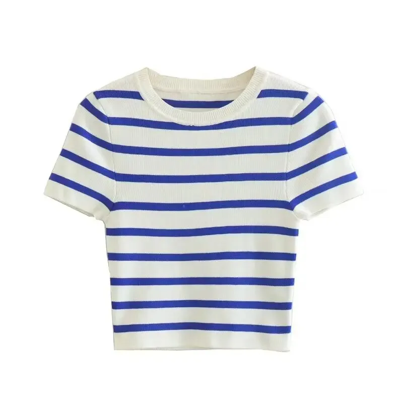 Vintage Women Y2K Stripped Cropped T-shirts for Girls Slim Knitted Short Tees Sweet Tops Chic Clothes