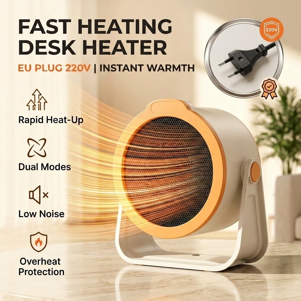 220V EU Plug Portable Space Heater, 90° Adjustable Quiet Fast Heating, 2 Modes PTC Ceramic Warmer for Home Office Bedroom