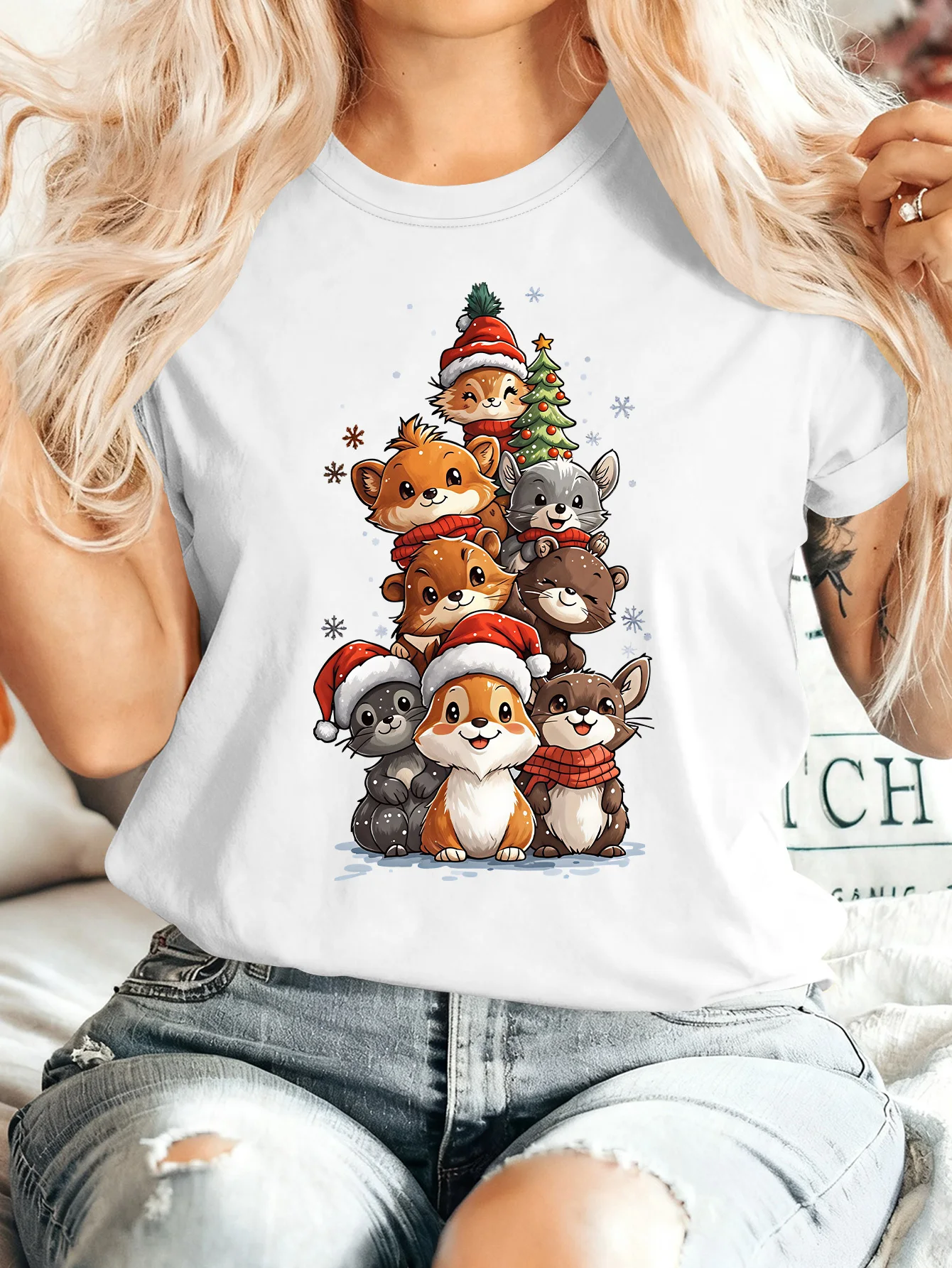 Women Crew Neck Tee Christmas Woodland Animals Santa Hat Graphic Print Short Sleeve Loose Ladies Cotton Plus Size Casual Top