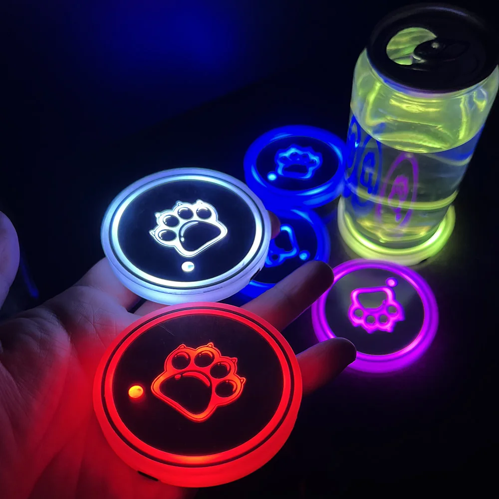 2PCS LED Cup Holder Lights for Car, Rechargeable 7 Color-Changing Light Up Cup Holder Insert Coasters, Car Accessories for Teens