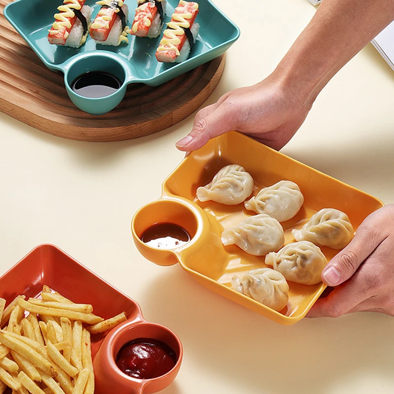 New 2/1Pc Square Dumpling Plate with Vinegar Space Snack Platter Creative Separated Divided Tray Tableware Christmas Tableware