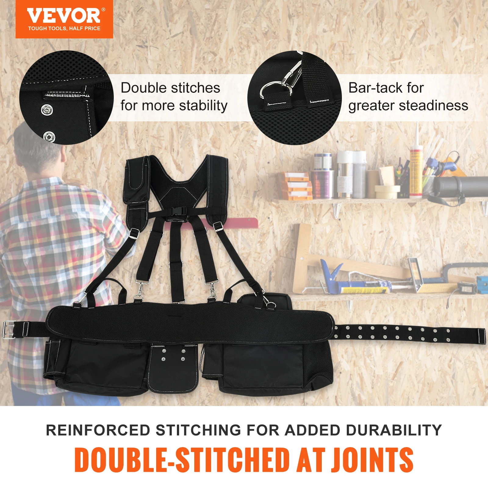 VEVOR Tool Belt 29-54 inches Adjustable Waist Size with Suspenders Heavy Duty Carpenter Tool Pouch for Carpenters Electricians