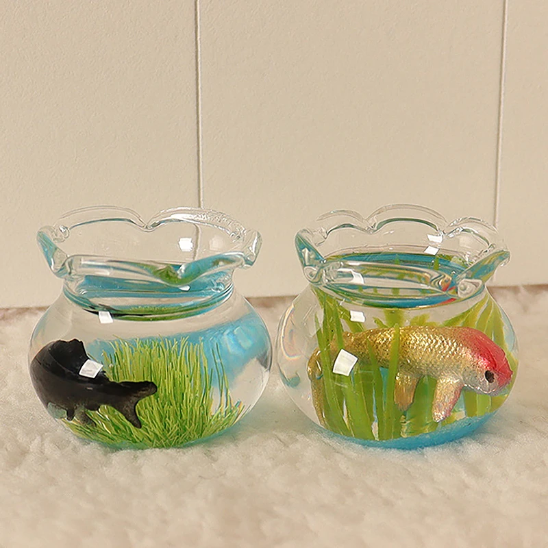 

1/12 Dollhouse Simulation Glass Fish Bowl Dollhouse Miniature Goldfish Tank Model Dolls House Desktop Decoration