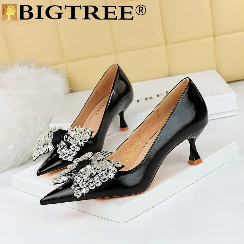 

BIGTREE Female Pumps Women Fashion Office Butterfly-knot Pointed Toe PU 5.5CM Thin Heels Mature Women Dress Women Shoes Black