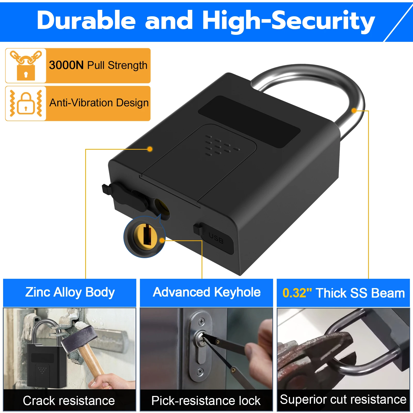 Imagem -03 - Heavy-duty Cadeado de Impressão Digital Inteligente Segurança à Prova Dágua Quick Identification Unlock Tipo-c Recarregável Anti-theft Lock