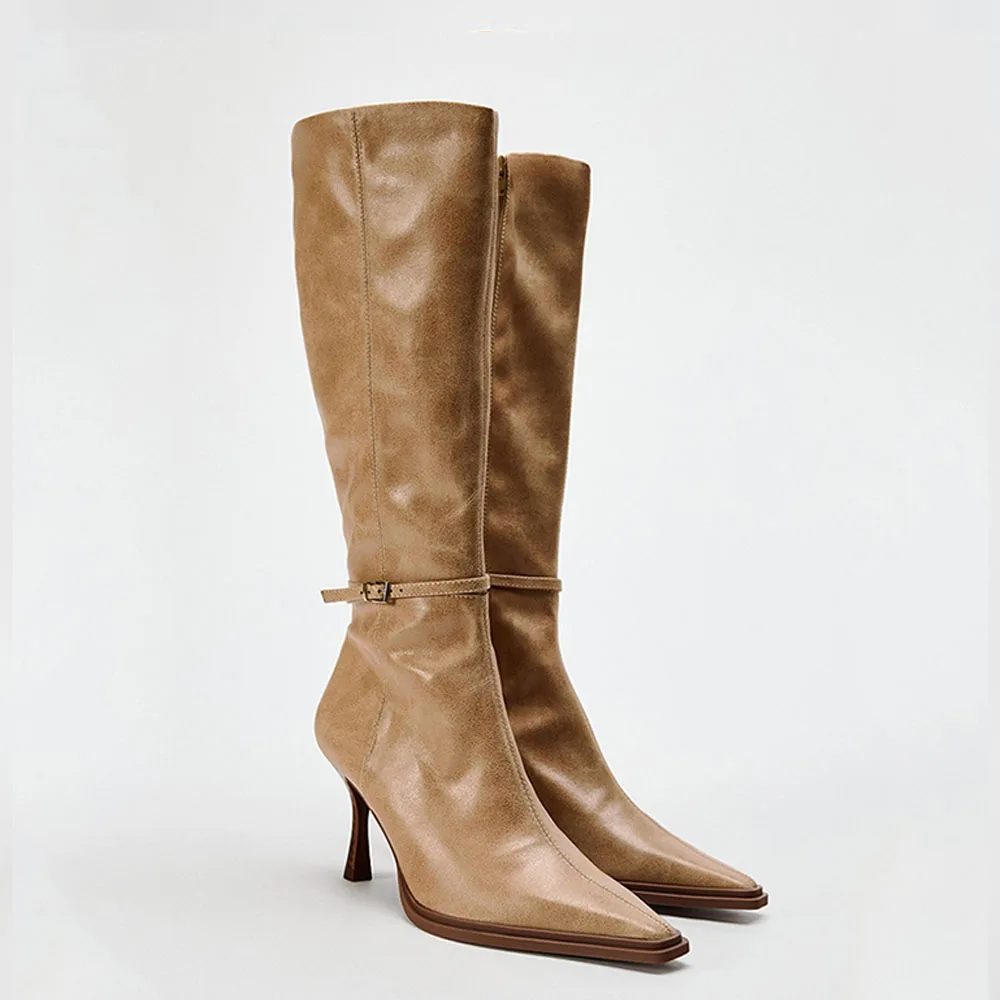 

FWRD Women's Brown Faux Leather Knee Boots, Pointed Toe Stiletto, Buckle Strap & Soft Lining for Fall Winter #FWRD000376