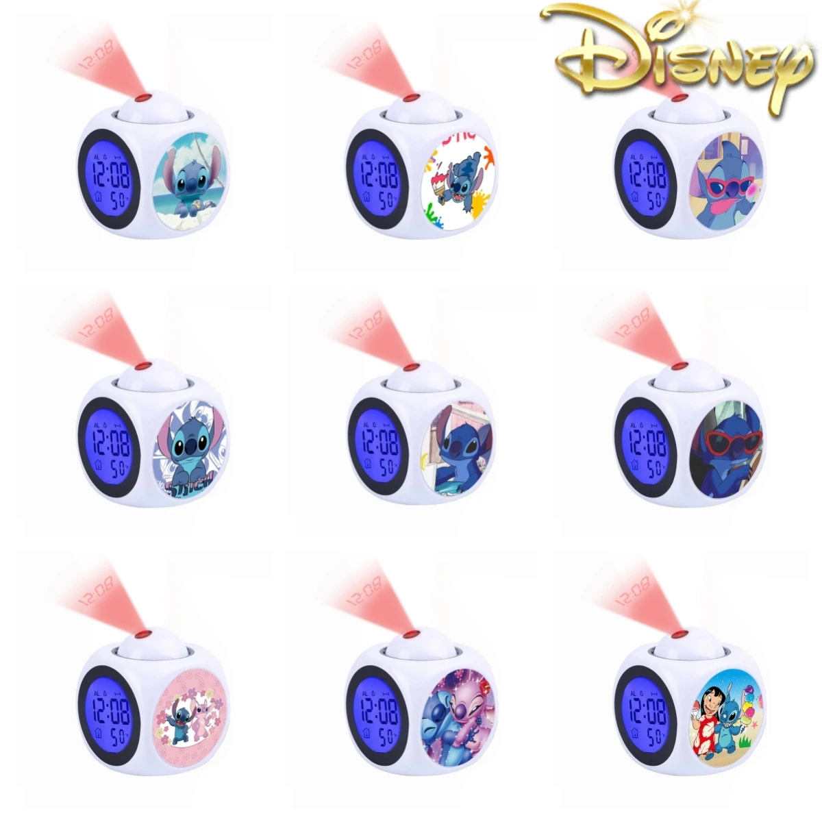 2024 New Cute Disney Cartoon Lilo&Stitch Alarm Clock Growing Led Color Change Digital Light Projection Clock Birthday Gifts Toys