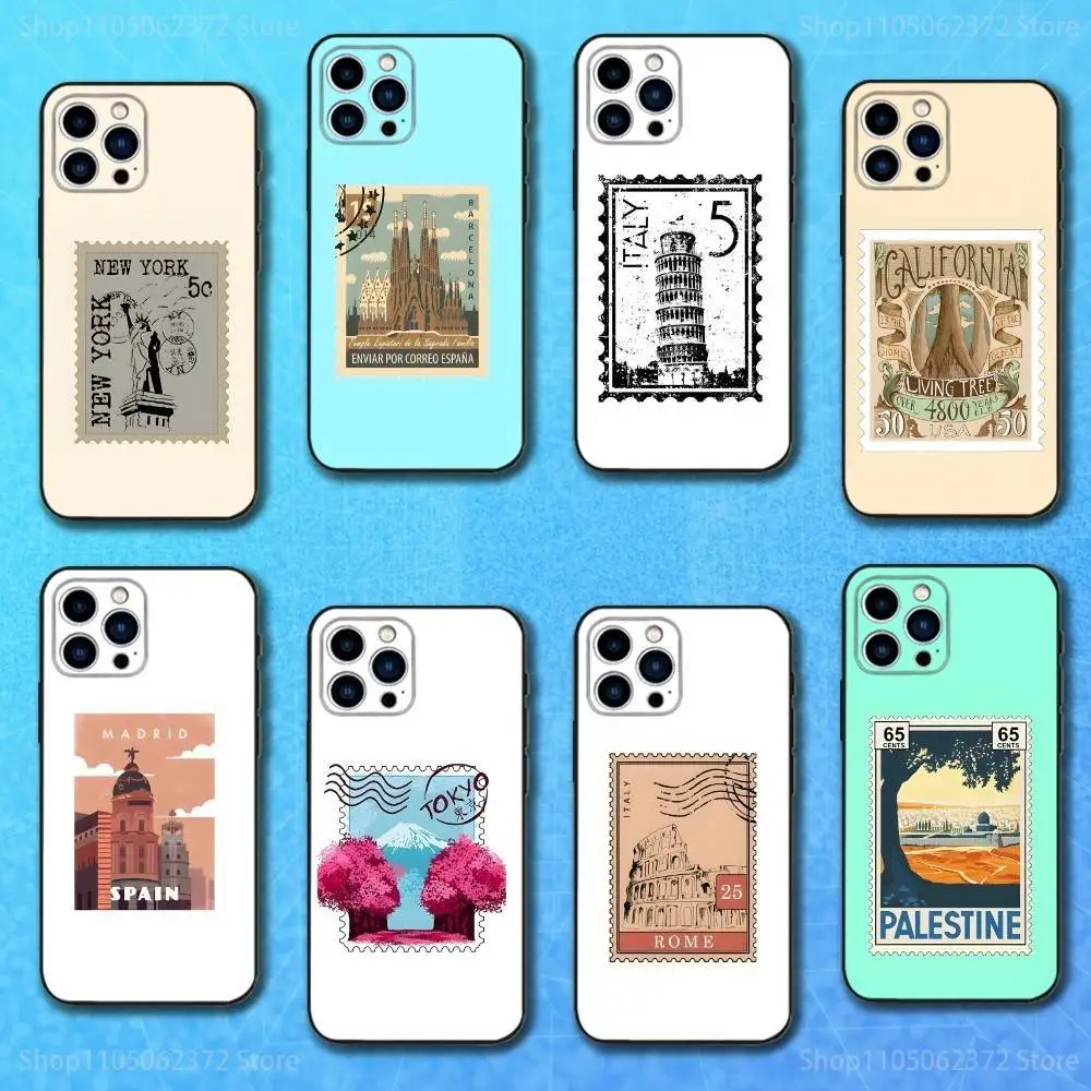 

Ticket Art Stamp Travel Phone Case For iPhone 17,16,15,14,13,12,11 Plus,Pro Max,XS,X,XR,SE,Mini,8,7,Soft Silicone Black Cover
