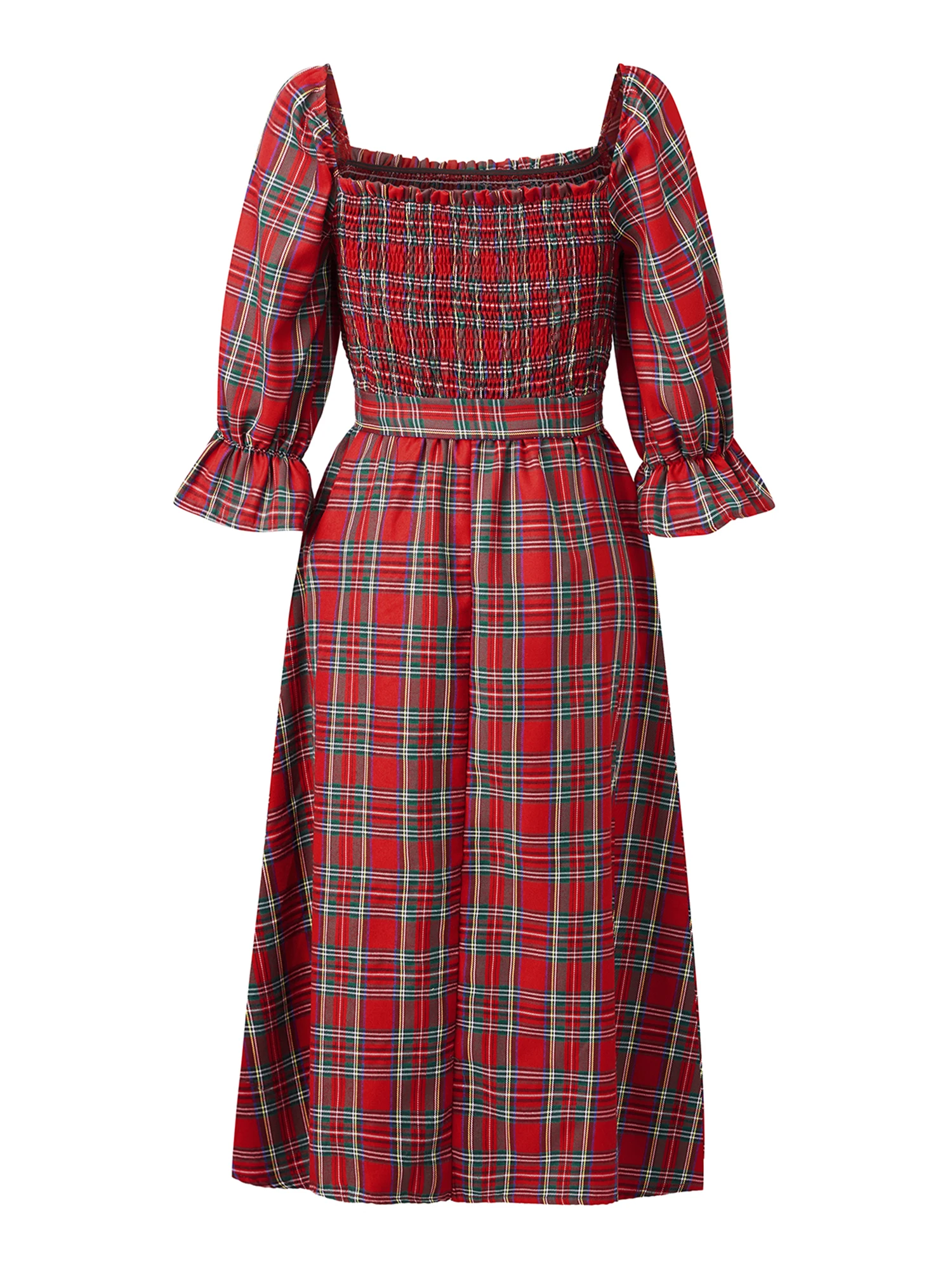 女性の夏のロング T シャツドレス パフスリーブ スクエアネック ハイウエスト チェック柄ドレス