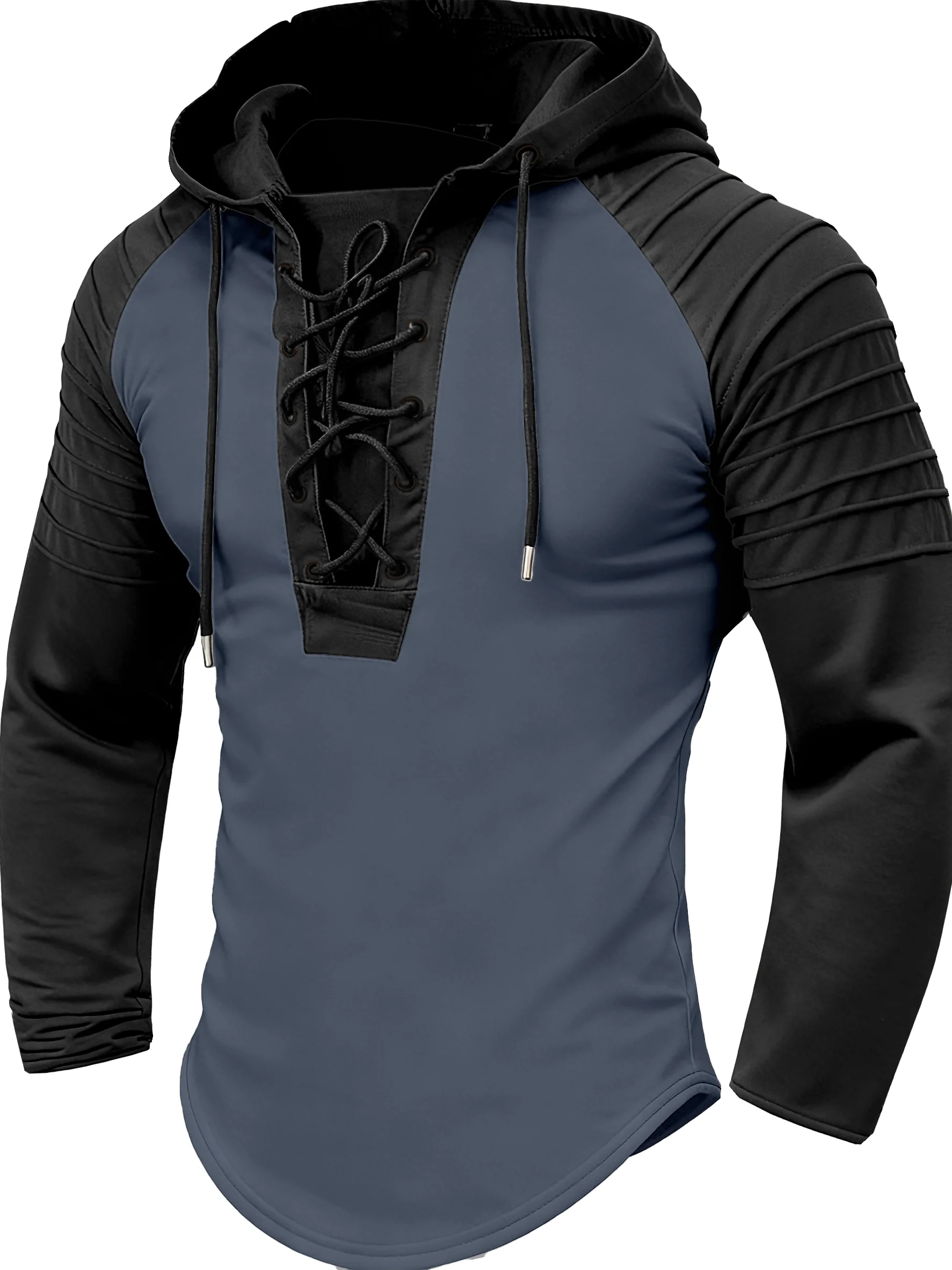 Spring Autumn Men's Drawstring Hooded Long-Sleeved Pullover Tight-Fitting Sports Shirt with Shoulder Pleat Patchwork Design