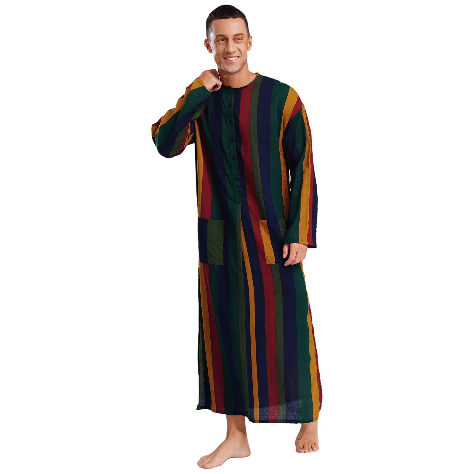 Men Islamic Muslim Thobe Round Neck Leisure Traditional Ethnic Middle East Dress Long Sleeve Stripe Long Gown Buttons Loose Gown