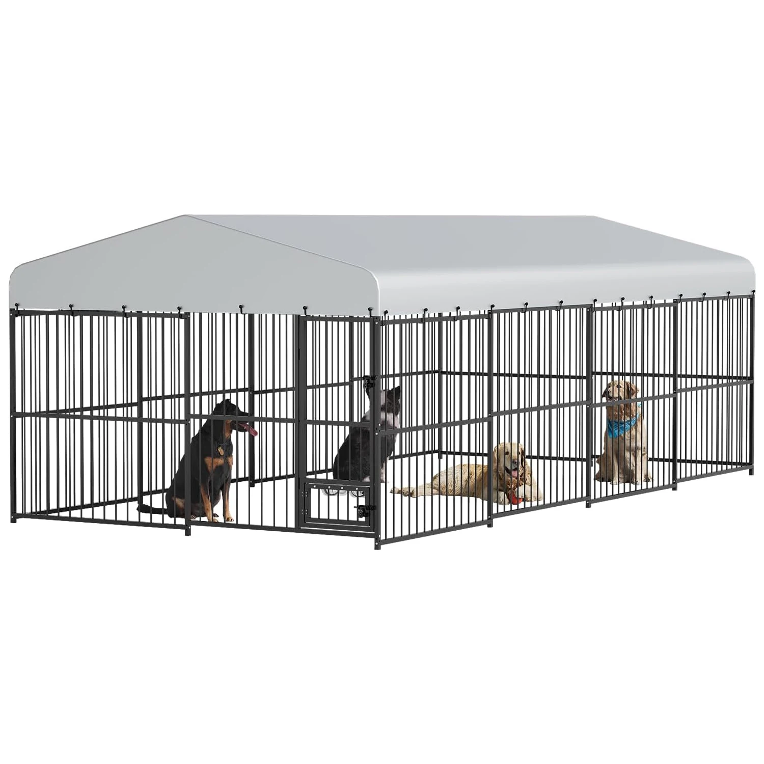 

10 x 20FT Outdoor Dog Kennel,Secure Metal Enclosure with Waterproof Roof,Lockable Gate & Feeding Doors for Large Dogs, Chickens