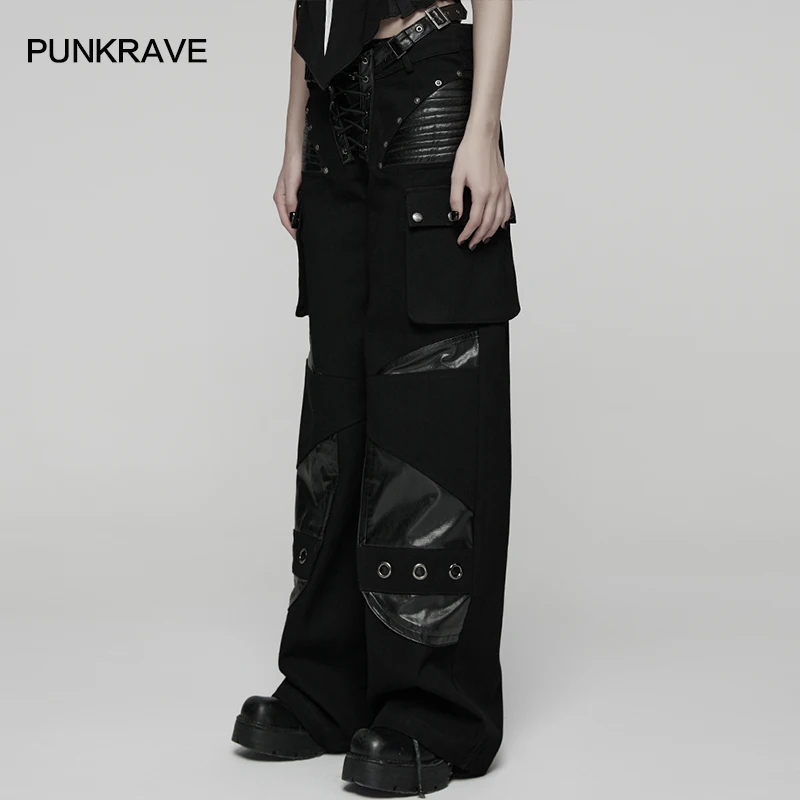 PUNK RAVE Women's Punk Low-waist Twill Woven Wide-Leg Pants Personalized Patchwork Design Free-spirited Casual Trousers