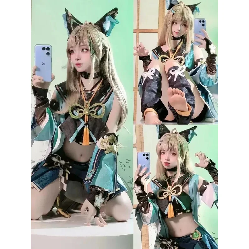 Disfraz de Cosplay de CyGenshin Impact Kirara, traje de mujer con orejas y cola, peluca, tema de juego de fiesta de Carnaval y Halloween