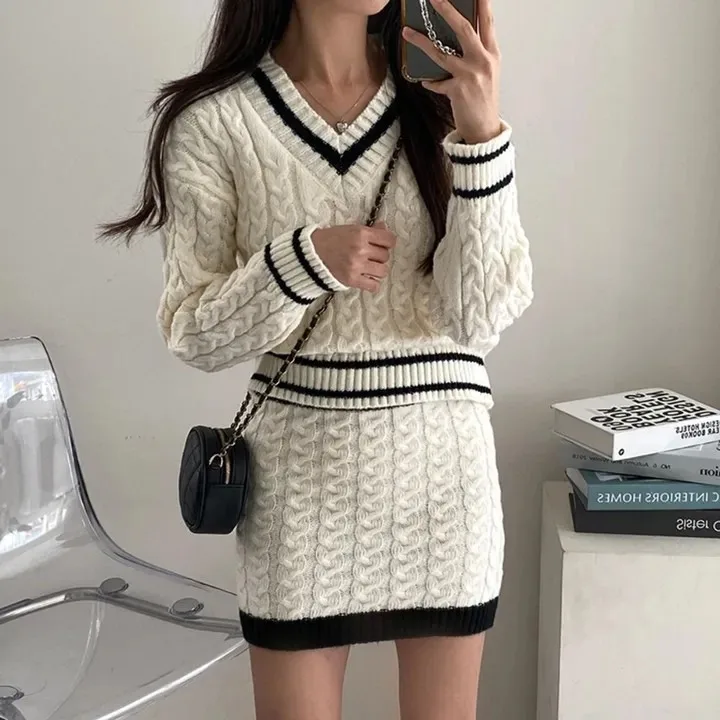 

Шикарный осенне-зимний цветной вязаный свитер с v-образным вырезом, топ с высокой талией, облегающая юбка, комплект из двух предметов, женская мода