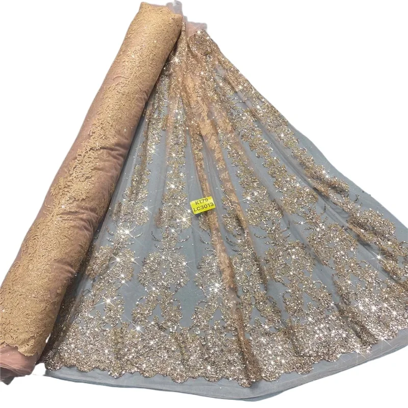 Tela para vestido de novia con estampado K179, 3 yardas, con encaje en aerosol dorado de malla, 150cm, LJ0337