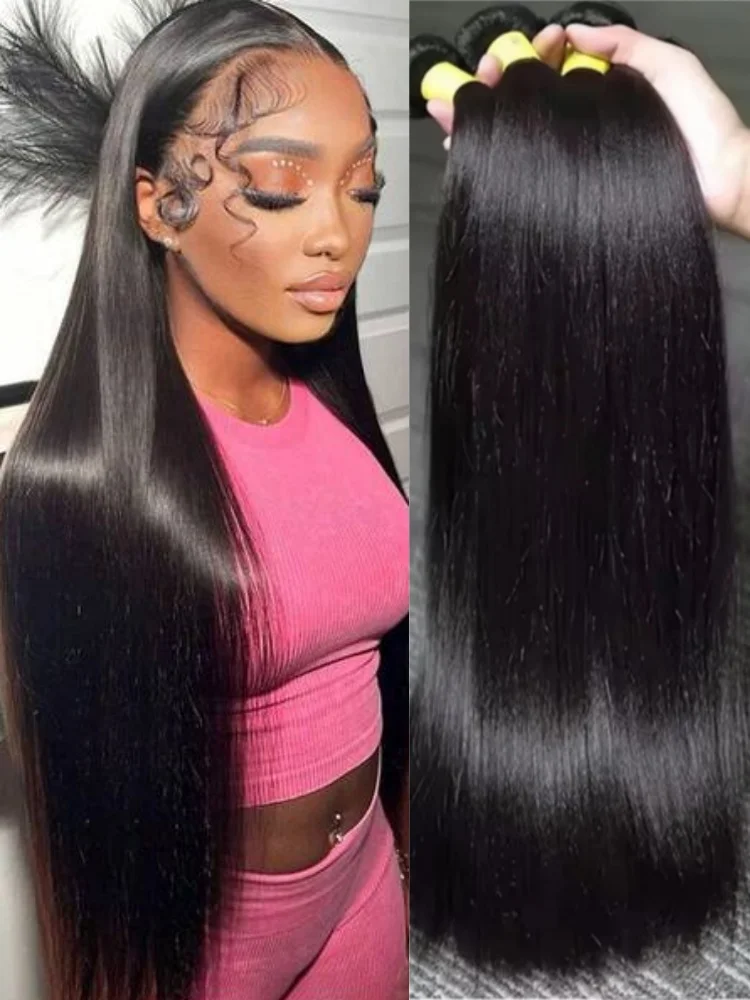 

3 шт., пучки человеческих волос, прямые человеческие волосы, 100% необработанные, двойной уток, можно красить и отбеливать, натуральный черный, 28, 30, 32 дюйма