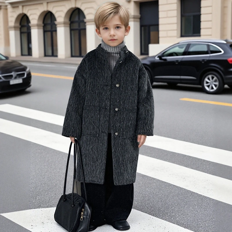 

Зимняя шерстяная верхняя одежда для детей-подростков, утепленный плащ средней длины с хлопковой подкладкой для серого цвета, универсальная повседневная теплая длинная куртка для мальчиков 8 лет